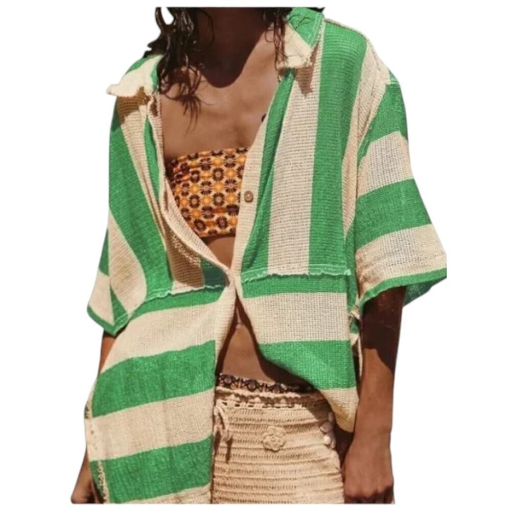 WE THE FREE Del Mar Cabana Button Down Cover Up Shirt Striped Green White Small - Picture 3 of 16